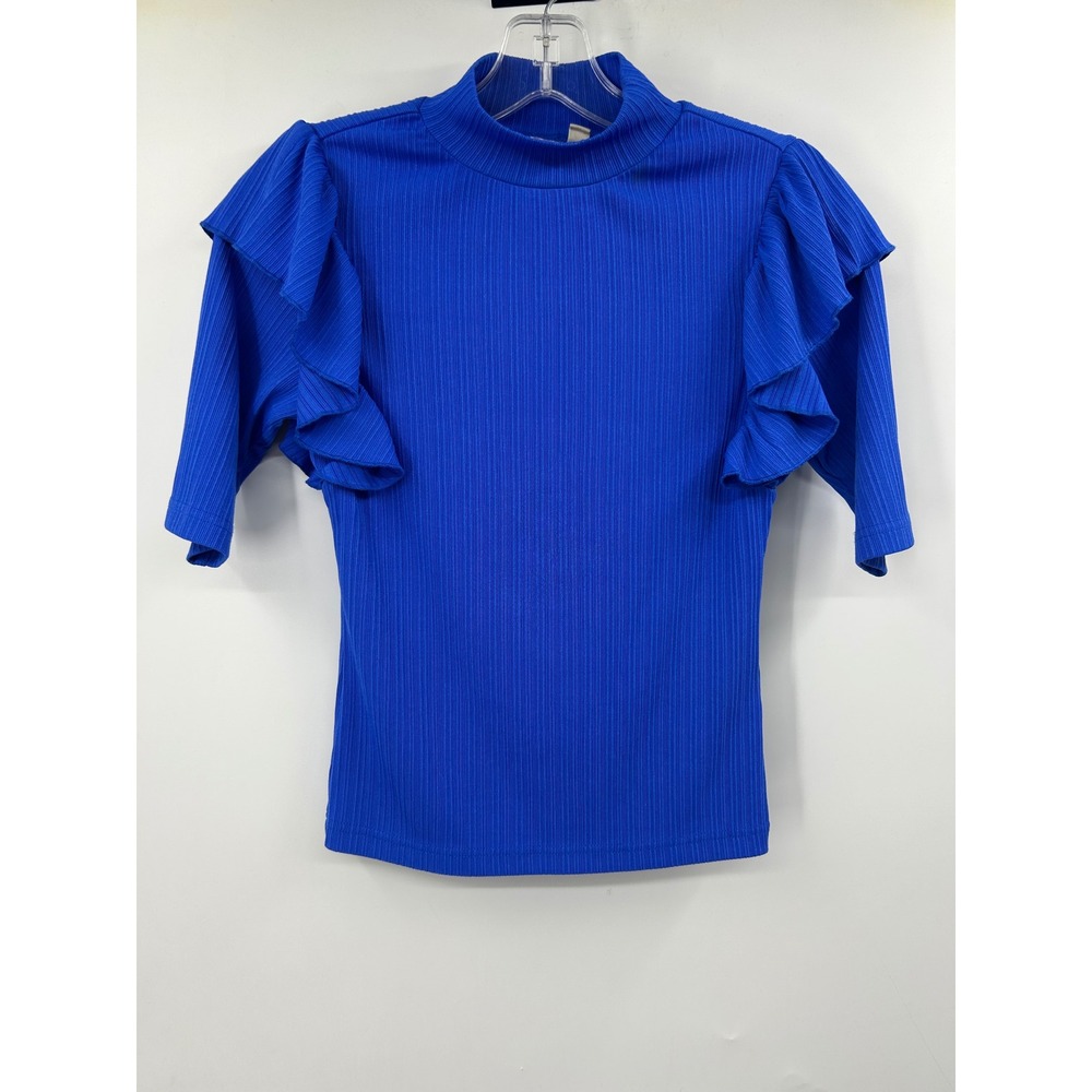Anthropologie Dolan Left Coast Royal Blue Ribbed Ruffle Mock Neck Top XS